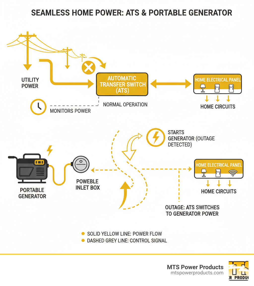 Infographic showing power flow from utility lines through an automatic transfer switch to home electrical panel, with a portable generator connected via power inlet, demonstrating how the ATS monitors utility power and automatically switches to generator power during outages - auto transfer switch for portable generator infographic 