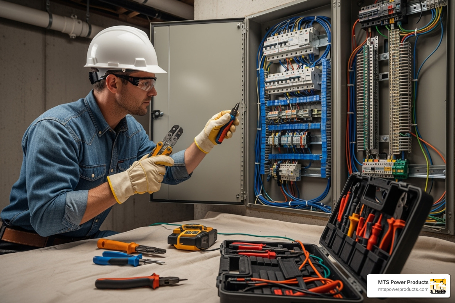 Image of a licensed electrician working safely on a home's main electrical panel - auto transfer switch for portable generator