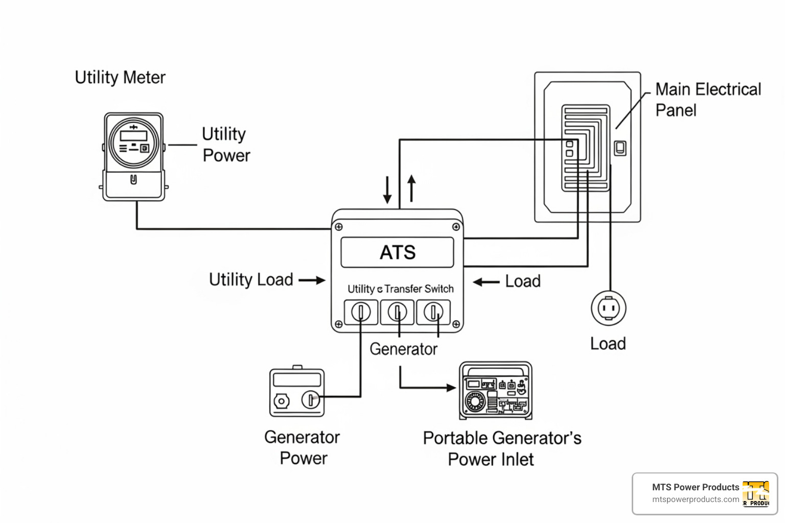 diagram showing the ATS as the 'brain' connected to the utility meter, main electrical panel, and the generator power inlet - auto transfer switch for portable generator