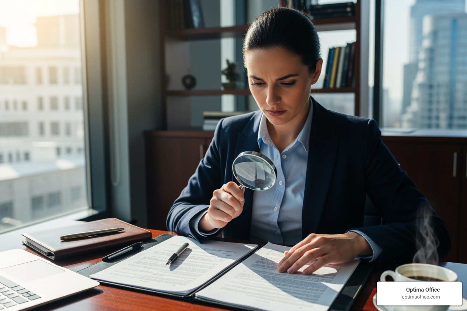Person reviewing a contract with a magnifying glass - cost of outsourcing hr