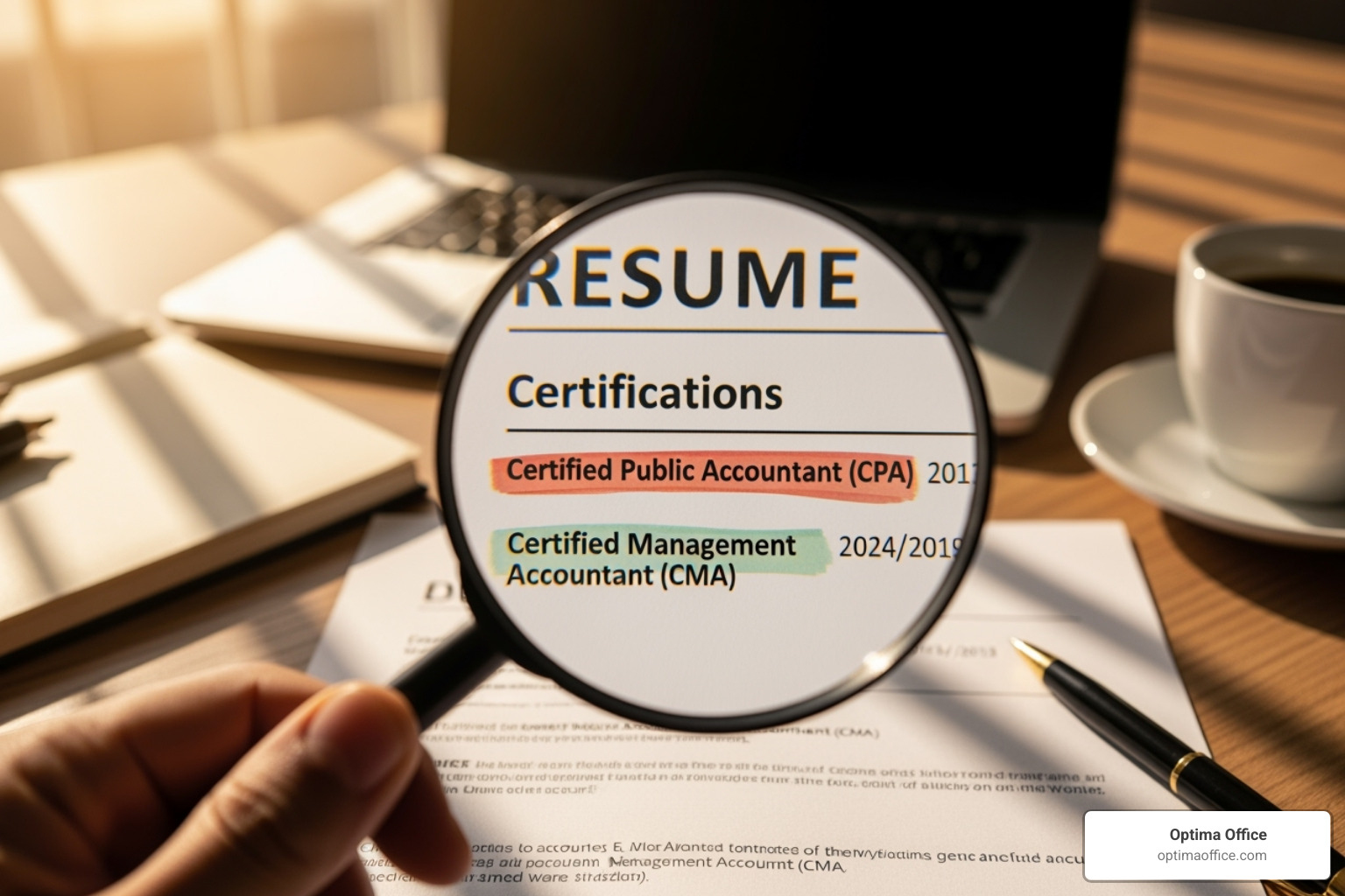 magnifying glass over a resume highlighting accounting certifications like CPA - accounting recruiters