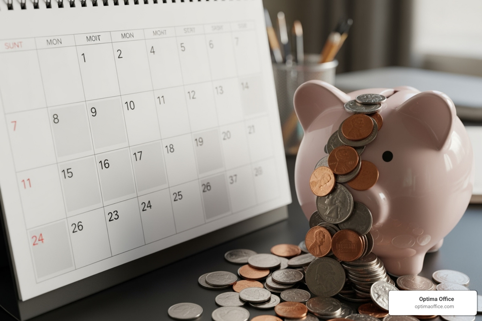 calendar with cleared-up space and a piggy bank getting fuller - how outsourcing bookkeeping saves time and cost calendar with cleared-up space and a piggy bank getting fuller - how outsourcing bookkeeping saves time and cost