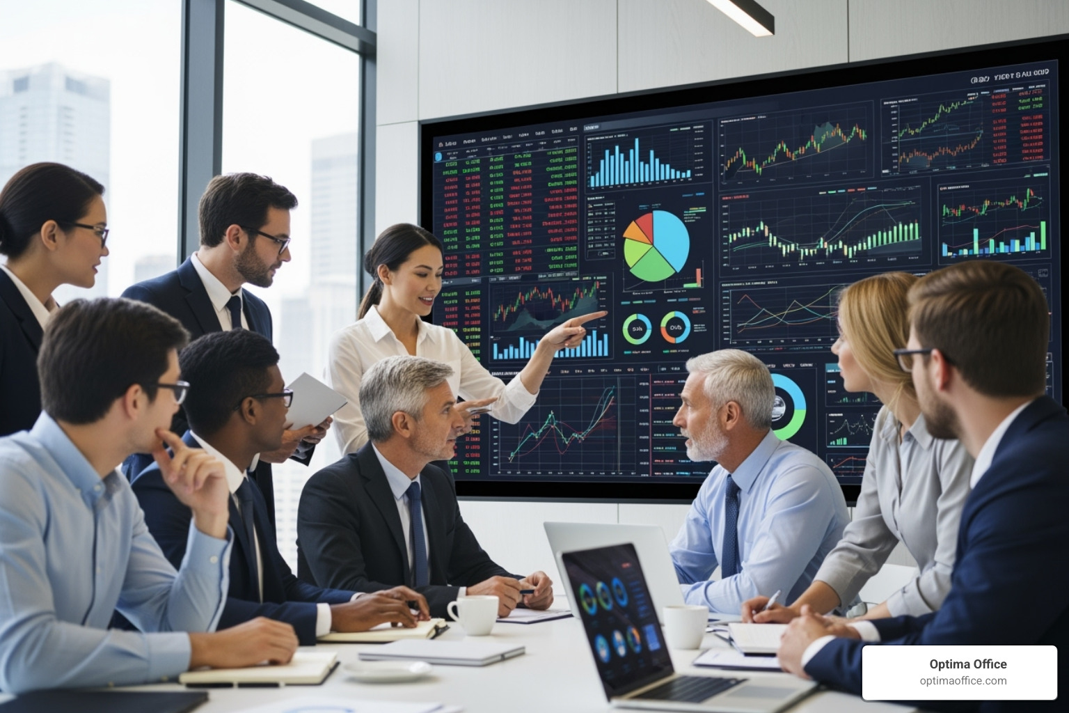 team of financial professionals collaborating around a screen showing financial data - how outsourcing bookkeeping saves time and cost team of financial professionals collaborating around a screen showing financial data - how outsourcing bookkeeping saves time and cost