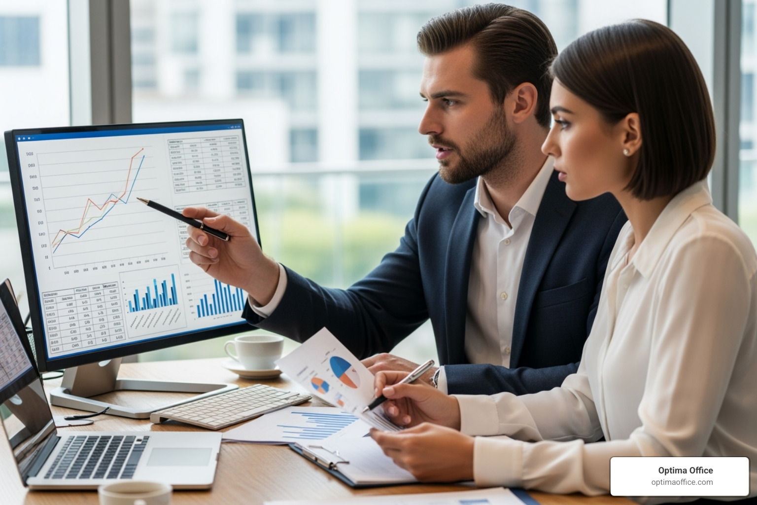 Optima Office consultant collaborating with a business manager over financial charts - accountancy recruitment agencies Optima Office consultant collaborating with a business manager over financial charts - accountancy recruitment agencies