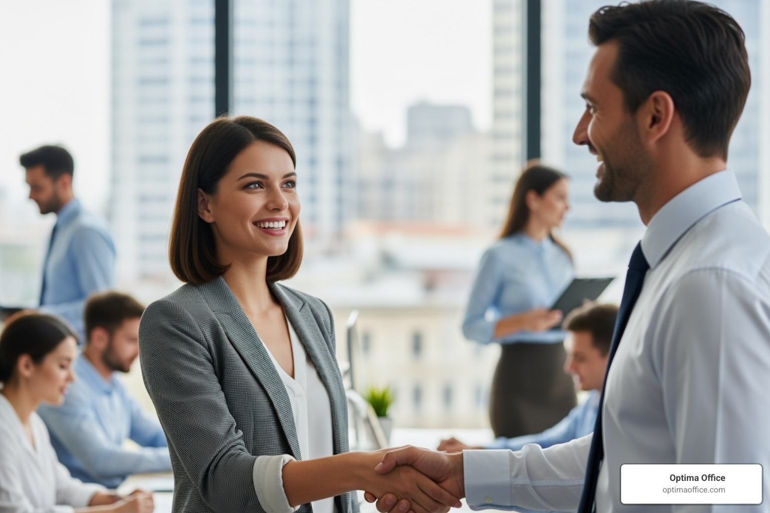 Happy new employee shaking hands with their manager - accountancy recruitment agencies Happy new employee shaking hands with their manager - accountancy recruitment agencies