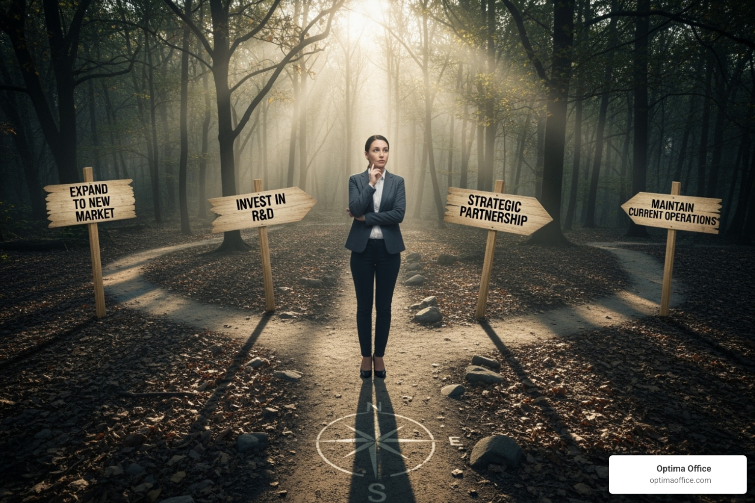 a business owner at a crossroads, looking at different signs - outsourced cfo services