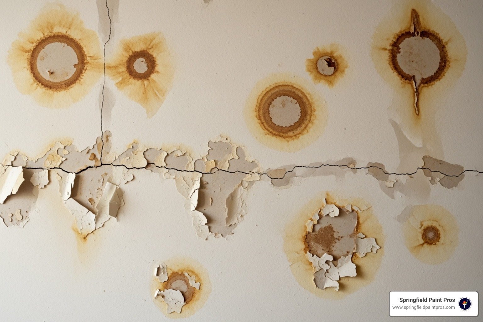 visible water stains and bubbling paint on a drywall ceiling - drywall services springfield