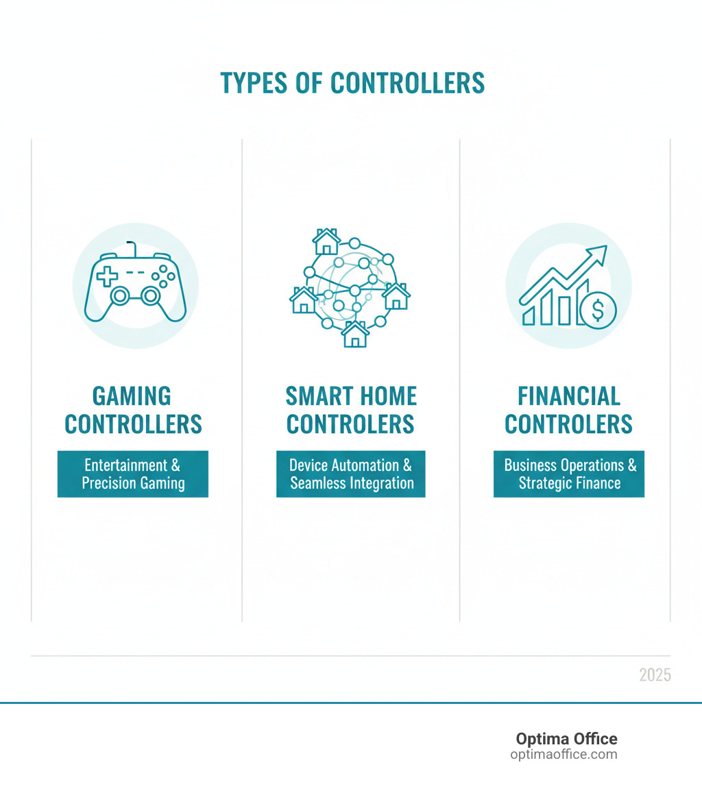 Types of Controllers: Gaming controllers for entertainment and precision gaming, Smart home controllers for device automation and seamless integration, Financial controllers for business operations and strategic finance management - controllers infographic Types of Controllers: Gaming controllers for entertainment and precision gaming, Smart home controllers for device automation and seamless integration, Financial controllers for business operations and strategic finance management - controllers infographic
