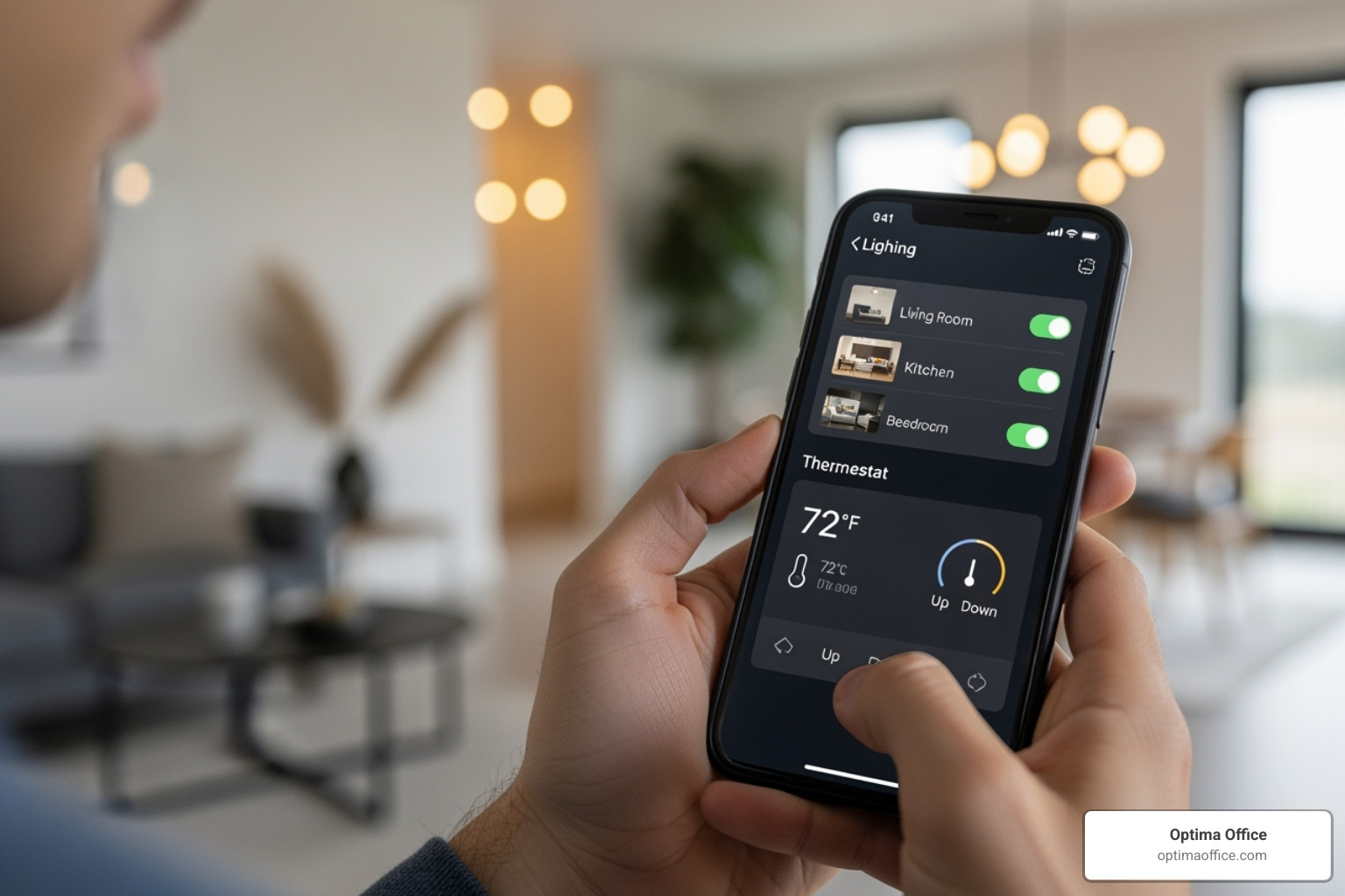 person using smartphone to control lights and temperature - controllers person using smartphone to control lights and temperature - controllers