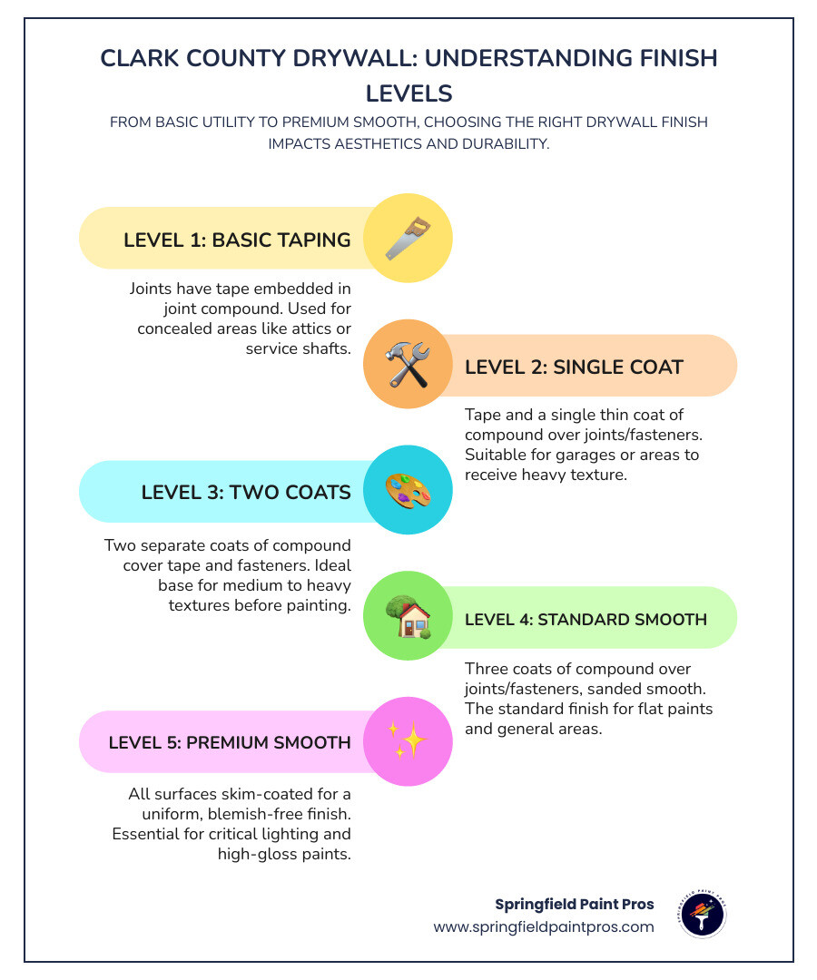 Comprehensive infographic showing the 5 levels of drywall finishing from Level 0 through Level 5, with visual examples of each finish quality, typical applications, and cost differences for Clark County homeowners - drywall finishing clark county infographic infographic-line-5-steps-colors