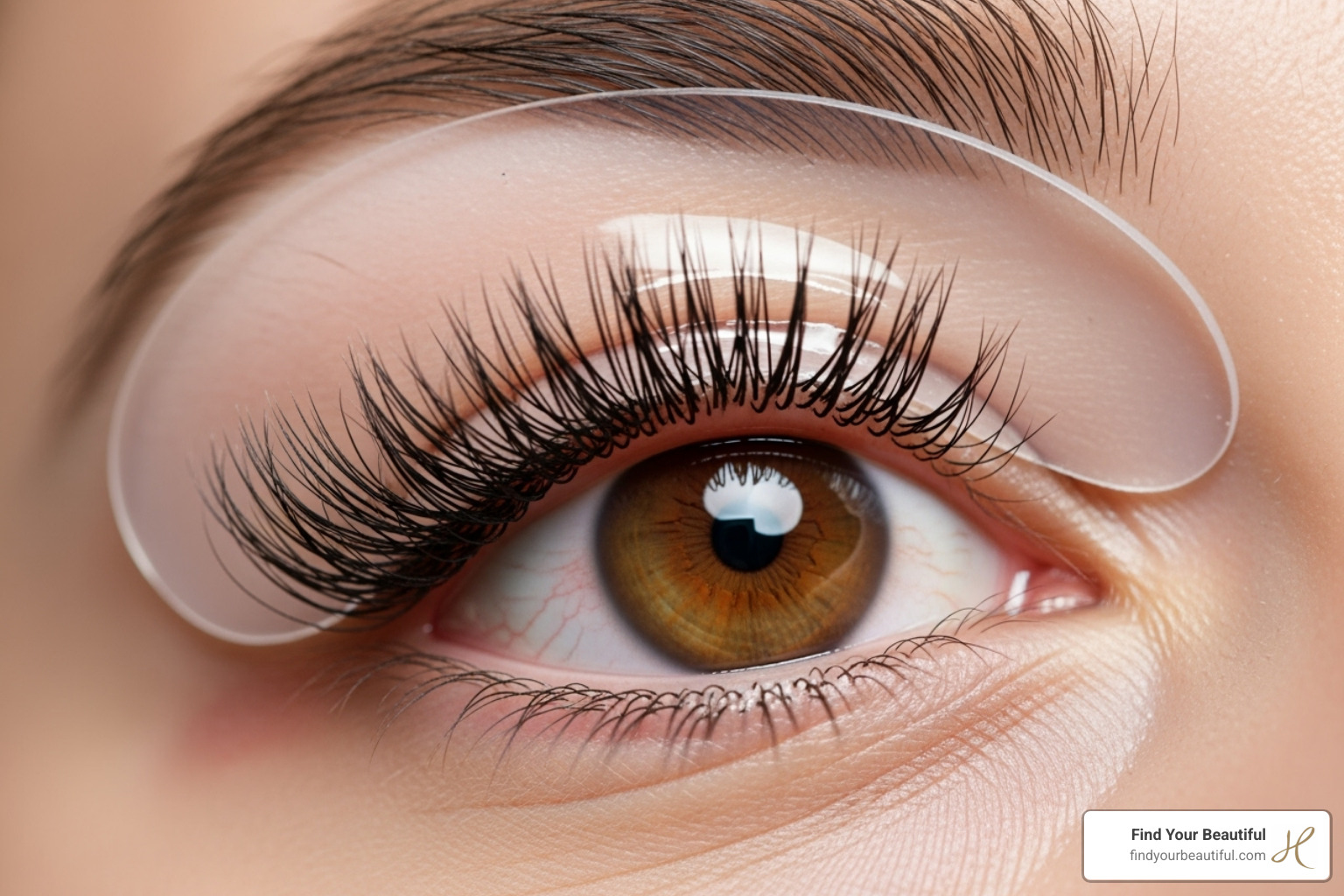 A close-up image of an eye undergoing a lash lift treatment, showing silicone shields on the eyelid with lashes being gently lifted and adhered to them - lash lift vs perm difference A close-up image of an eye undergoing a lash lift treatment, showing silicone shields on the eyelid with lashes being gently lifted and adhered to them - lash lift vs perm difference