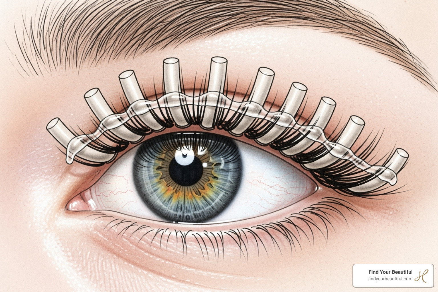 A diagram showing how cylindrical rods are used in a lash perm to create a uniform curl - lash lift vs perm difference A diagram showing how cylindrical rods are used in a lash perm to create a uniform curl - lash lift vs perm difference