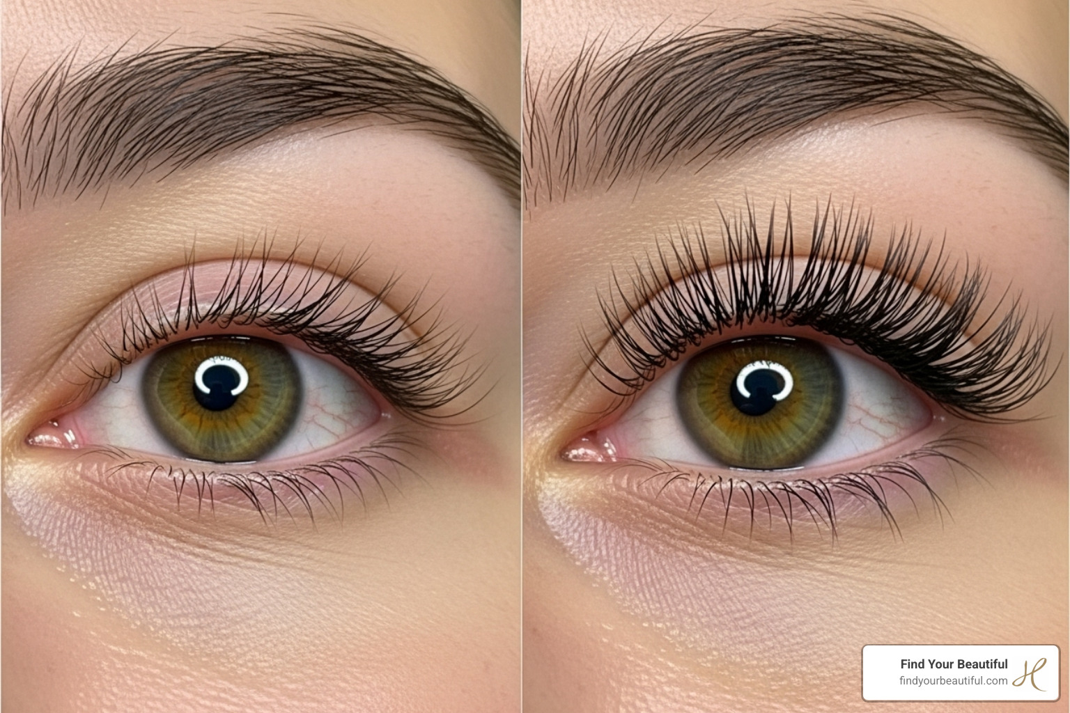A side-by-side comparison image of before and after a lash lift, showing the natural lashes significantly lifted and appearing longer - lash lift vs perm difference A side-by-side comparison image of before and after a lash lift, showing the natural lashes significantly lifted and appearing longer - lash lift vs perm difference