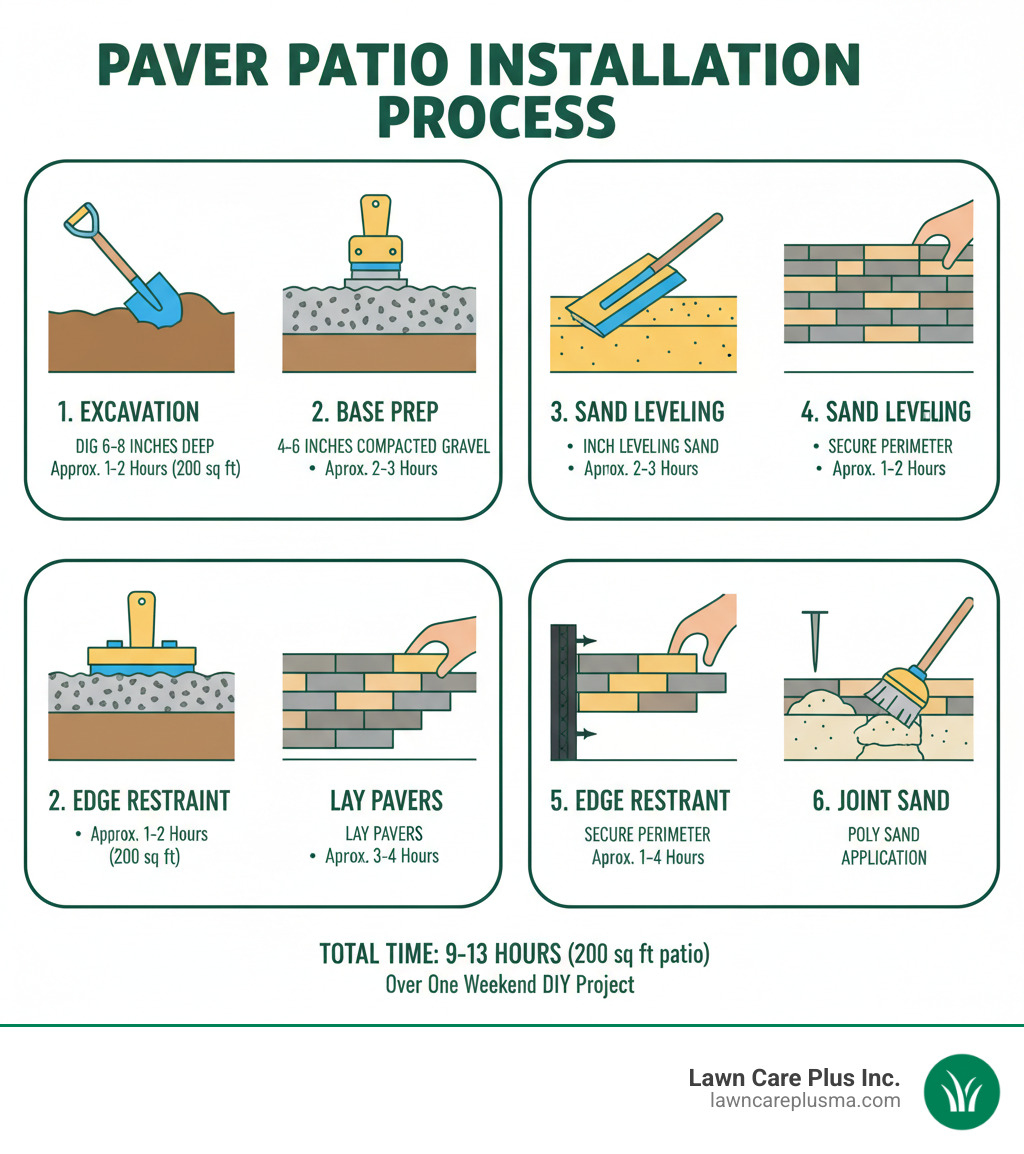 Step-by-step paver patio installation process showing excavation, base preparation, sand leveling, paver laying, edge restraint installation, and polymeric sand application with timing and depth measurements for each phase - paver patio installation infographic 