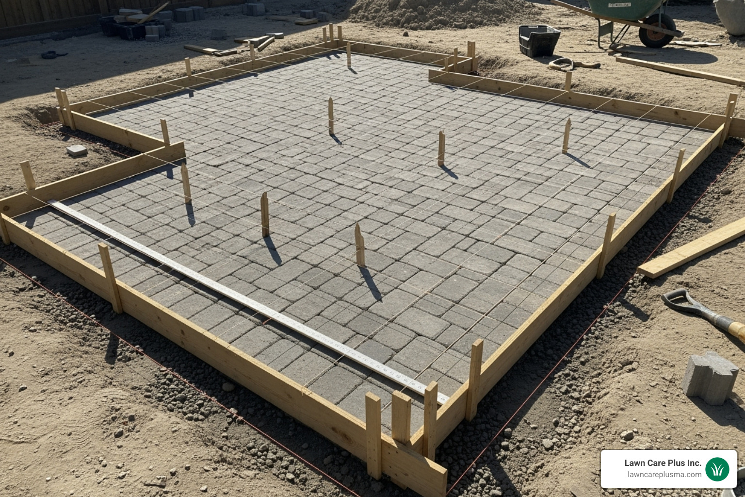 Paver patio layout marked with strings, stakes, and batter boards for accurate planning - paver patio installation