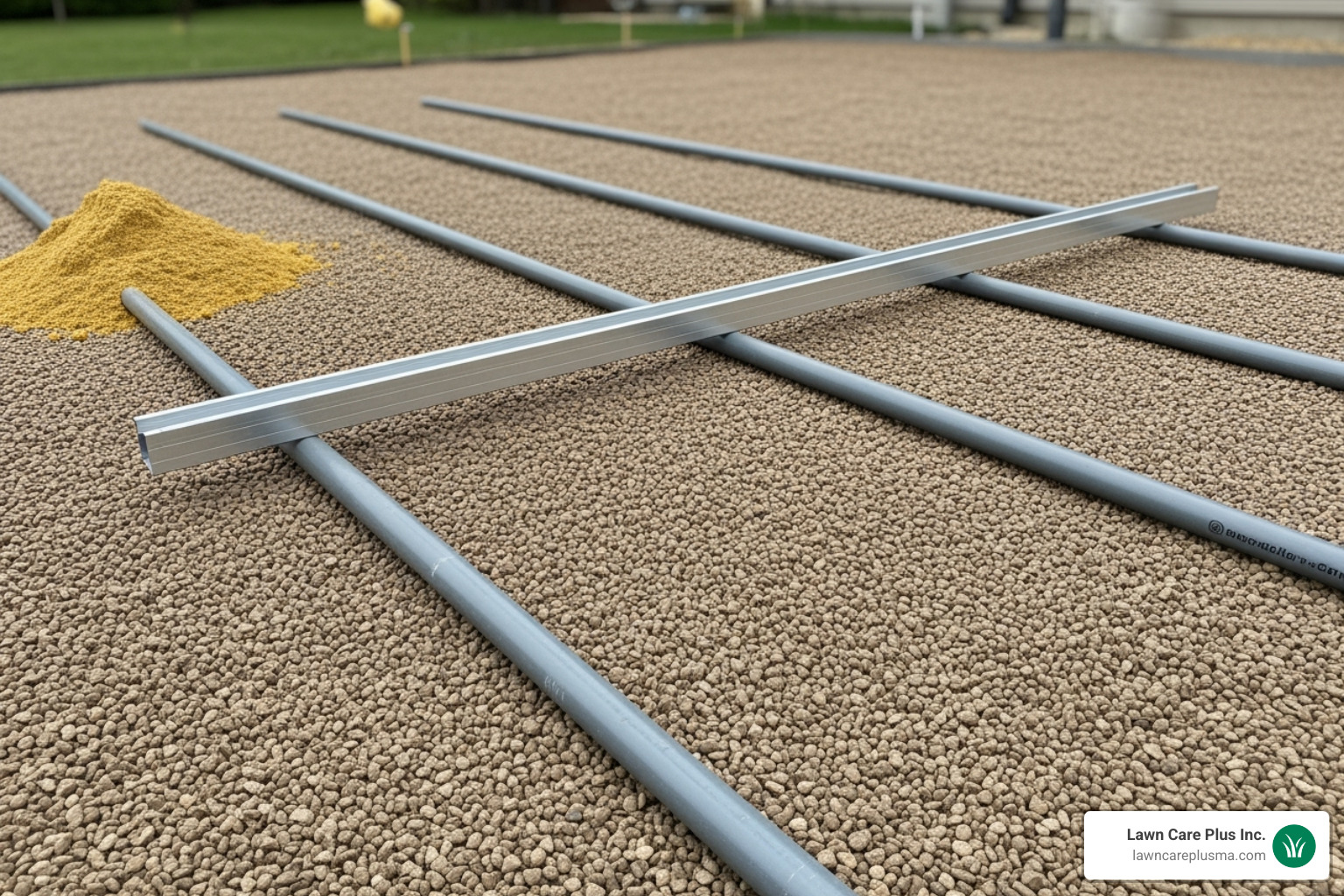 Compacted gravel base with electrical conduit screed rails for leveling sand - paver patio installation