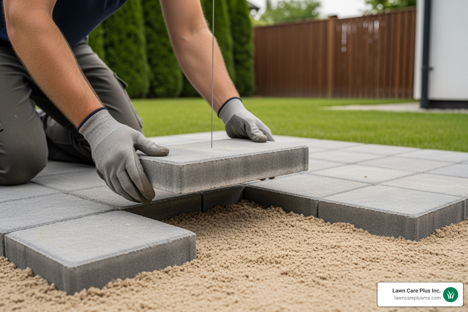 Person laying pavers in a backyard patio using the click-and-drop method - paver patio installation