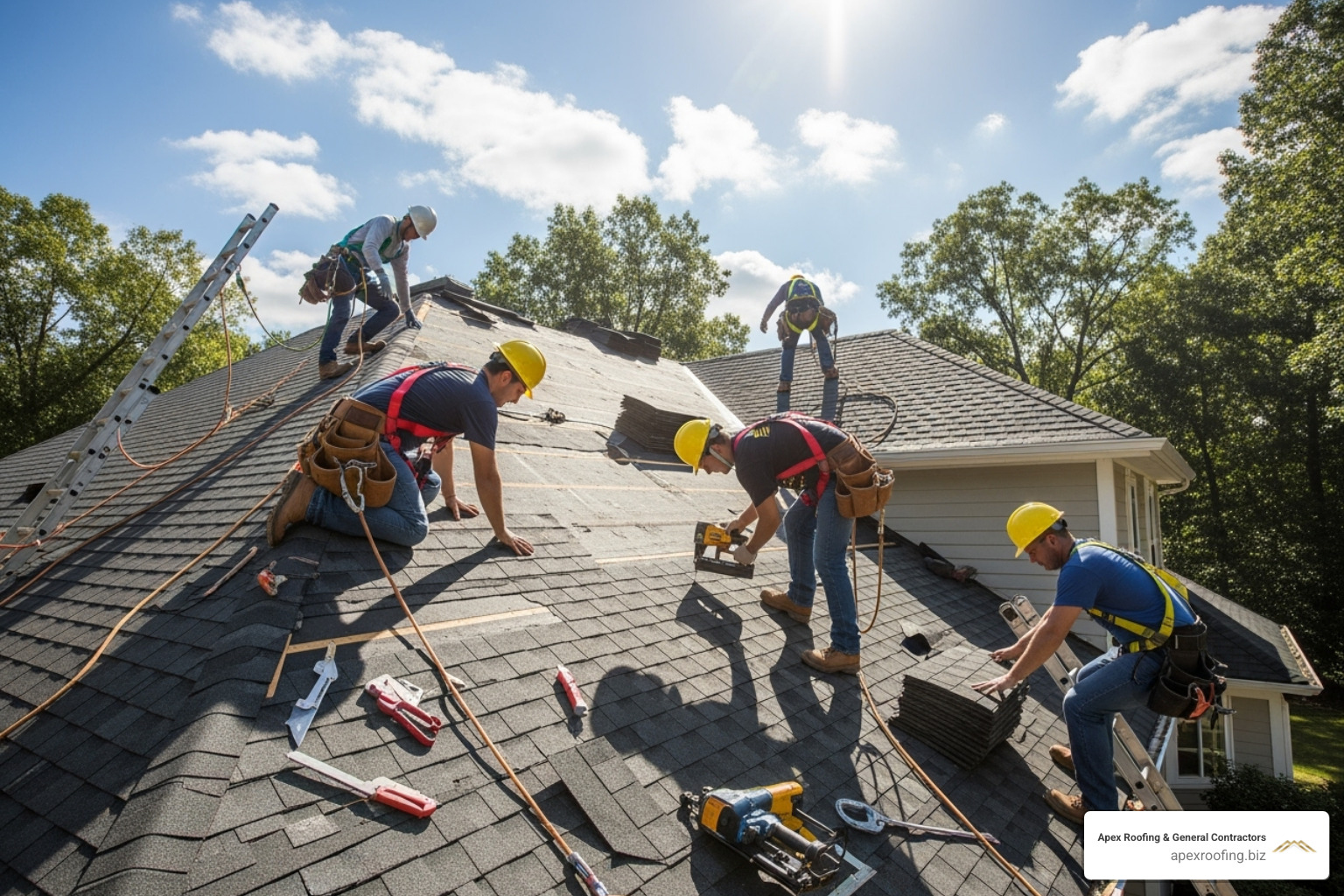 professional roofing crew working safely and efficiently - roof shingle replacement