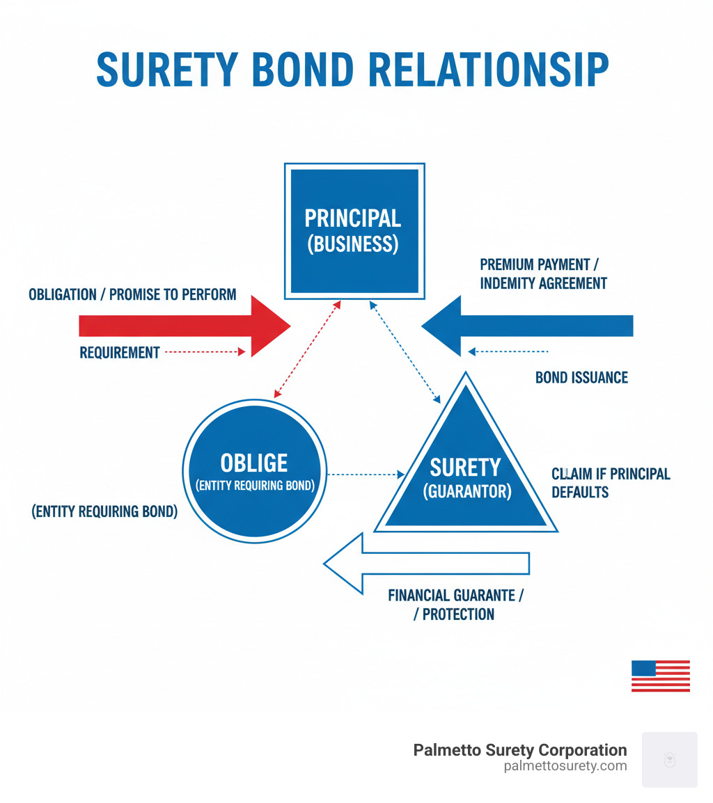 Infographic explaining the relationship between the principal (business), obligee (entity requiring the bond), and surety (guarantor) with arrows showing the flow of obligations, premiums, and protection between all parties in red, white, and blue colors - nationwide surety bonds infographic