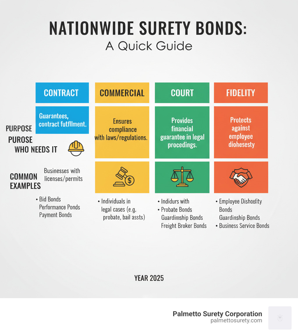 Infographic comparing contract, commercial, court, and fidelity bonds based on purpose, who needs it, and common examples, in a clear, easy-to-read format - nationwide surety bonds infographic