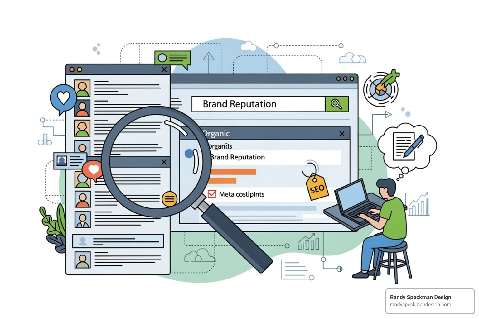 Illustration of various reputation management services including review monitoring, SEO, and content creation - reputation management price