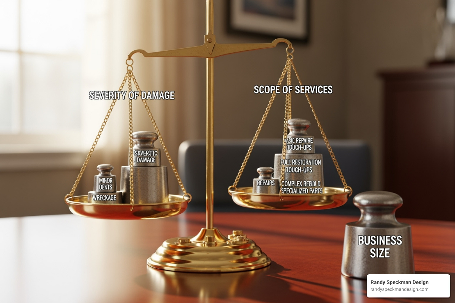 A scale balancing different factors influencing reputation management costs, such as severity of damage, scope of services, and business size - reputation management price
