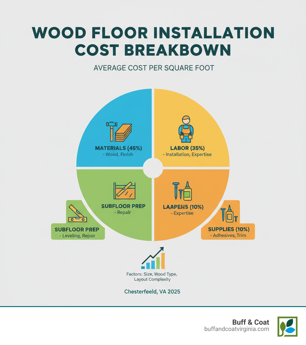 Infographic detailing the average cost breakdown for wood floor installation: materials, labor, subfloor prep, and additional supplies - wood floor installation chesterfield va infographic Infographic detailing the average cost breakdown for wood floor installation: materials, labor, subfloor prep, and additional supplies - wood floor installation chesterfield va infographic