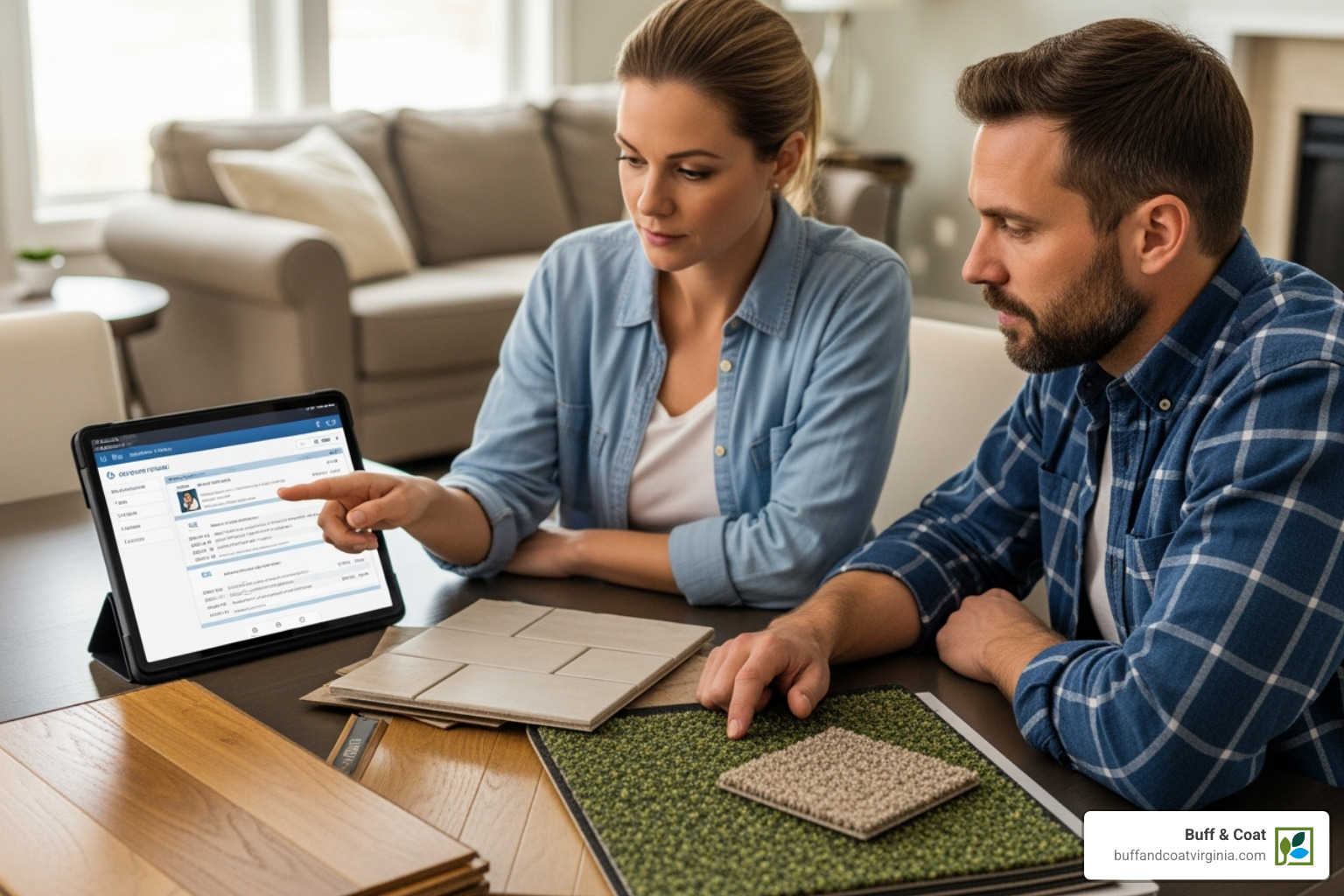 homeowner reviewing a flooring installation quote with a contractor - wood floor installation chesterfield va homeowner reviewing a flooring installation quote with a contractor - wood floor installation chesterfield va