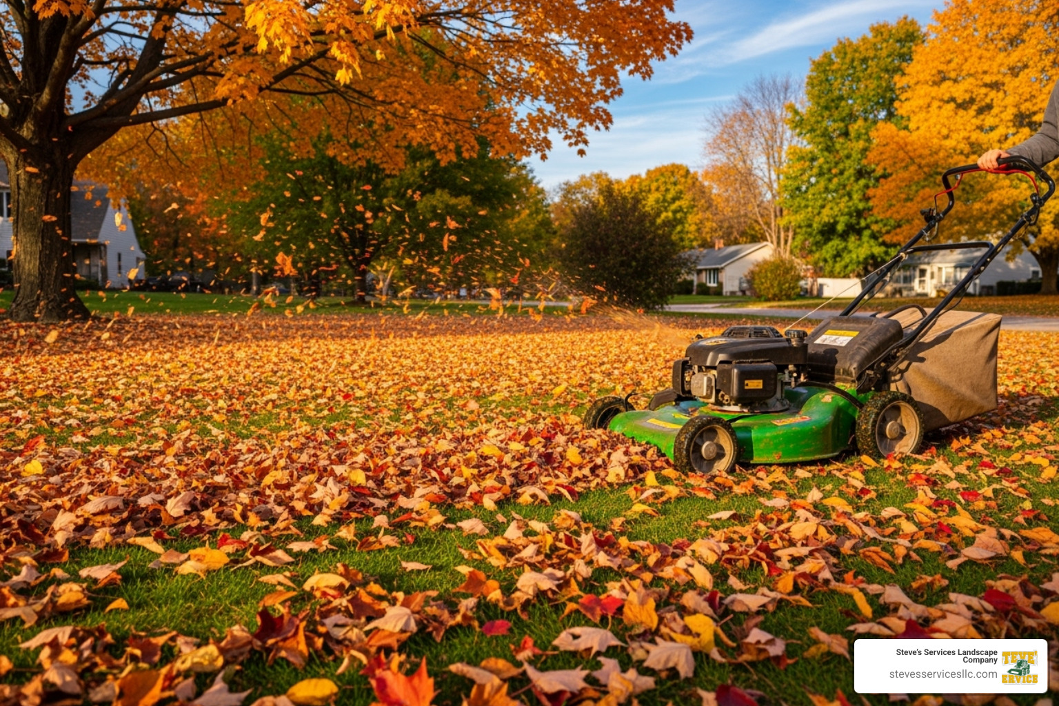 A lawn mower mulching fall leaves into a residential lawn - eco friendly lawn treatment
