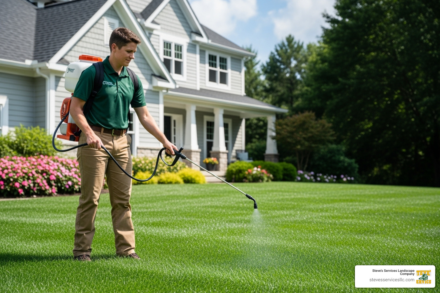 A professional applying a liquid organic treatment to a residential lawn with a spray applicator - eco friendly lawn treatment