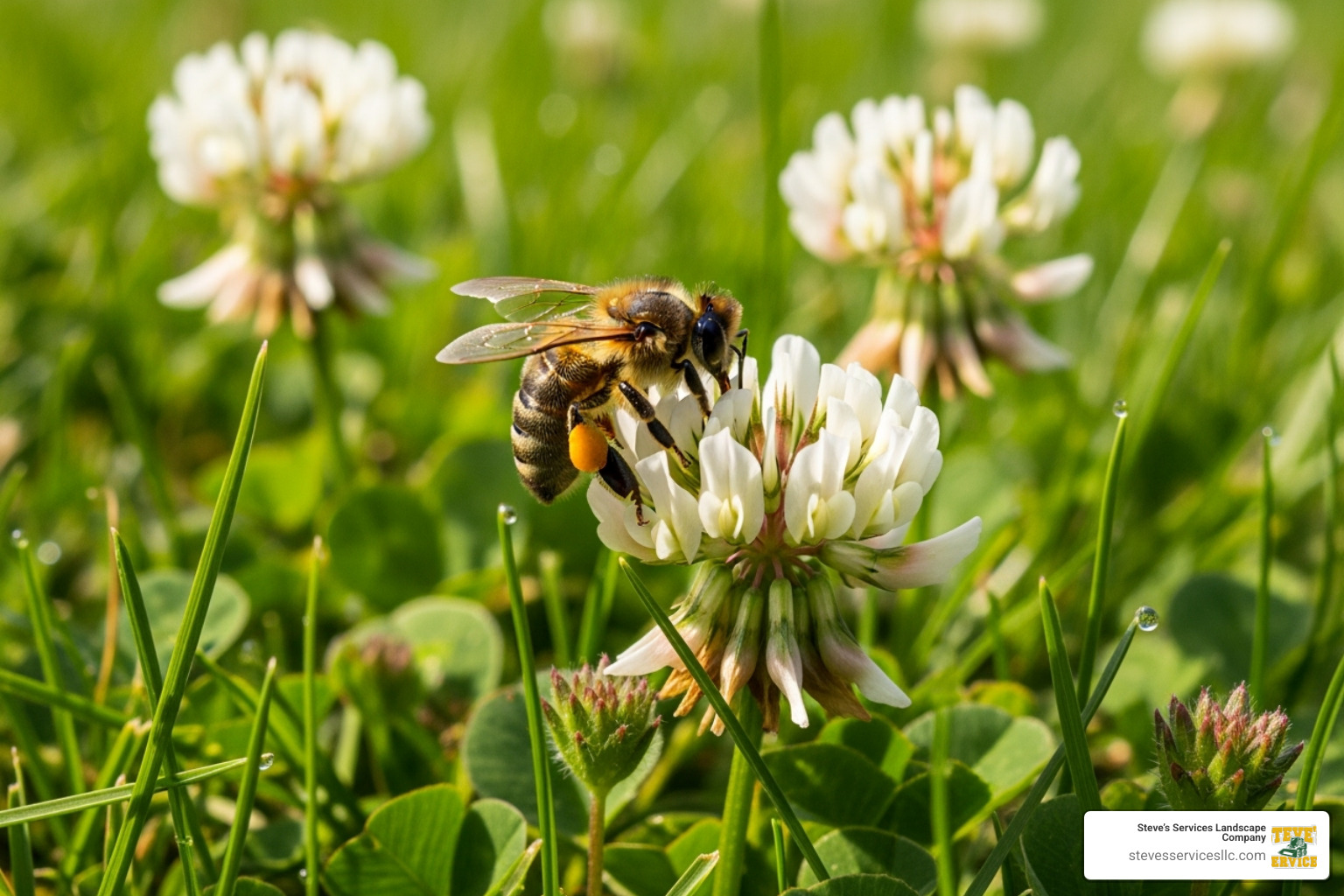 A close-up image of a bee collecting pollen from a clover flower in a lush, green lawn - eco friendly lawn treatment