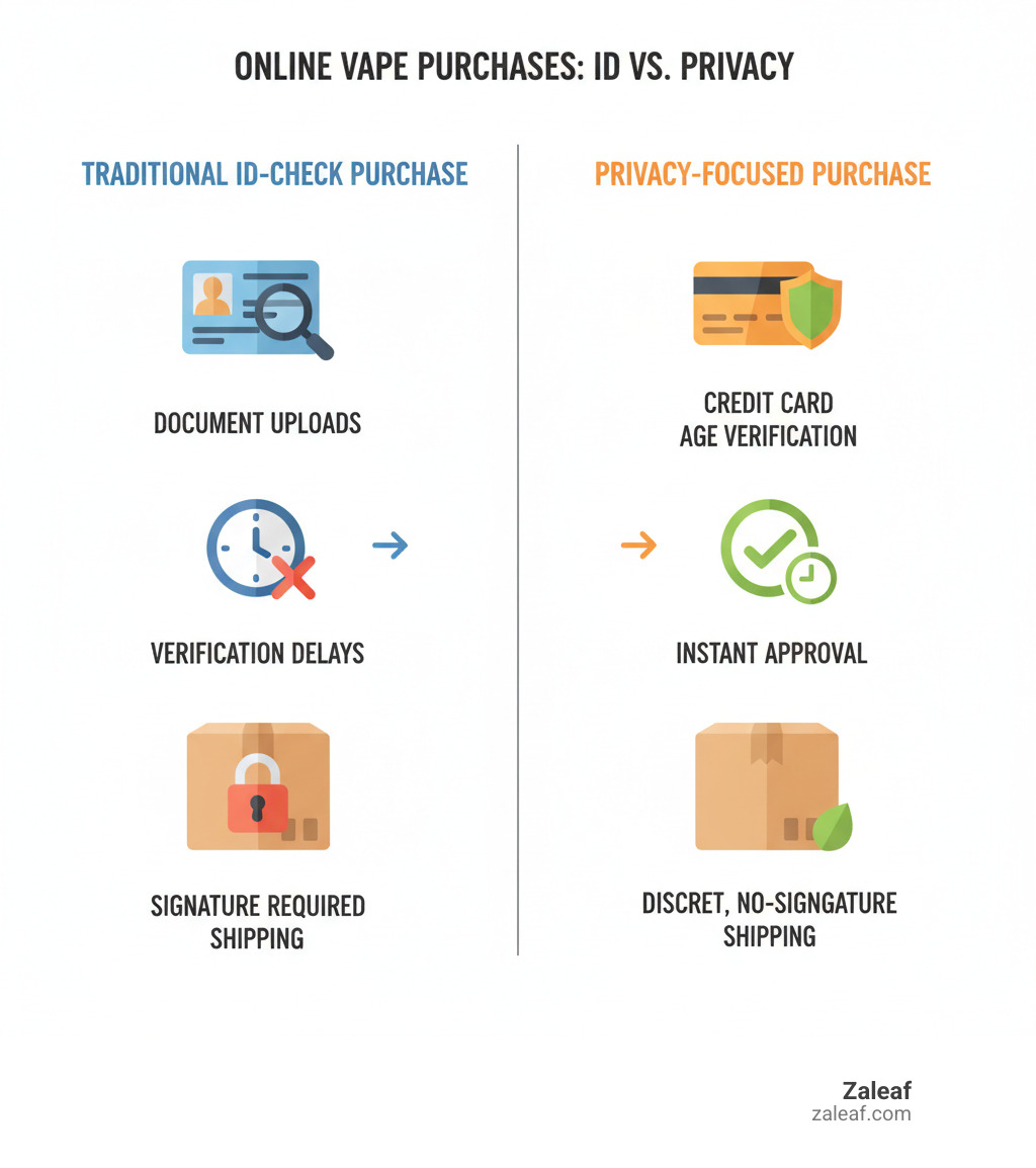 Infographic showing the difference between traditional ID-check purchase process with document uploads and verification delays versus privacy-focused purchase process using credit card verification and discreet shipping - how to buy a vape online no id infographic 