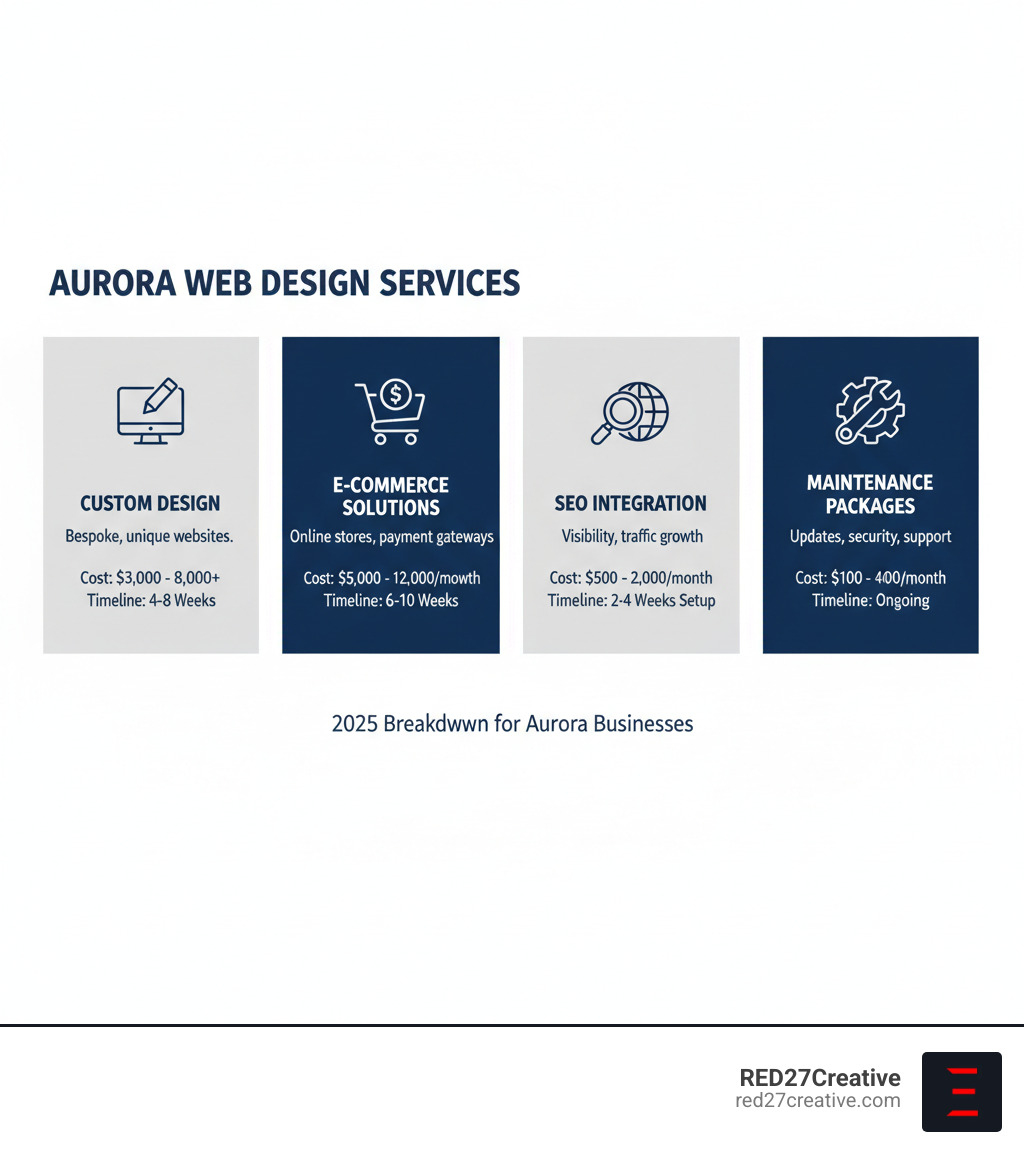 Comprehensive breakdown of web design services, costs, and timelines for Aurora businesses including custom design, e-commerce solutions, SEO integration, and maintenance packages - web designers aurora infographic Comprehensive breakdown of web design services, costs, and timelines for Aurora businesses including custom design, e-commerce solutions, SEO integration, and maintenance packages - web designers aurora infographic