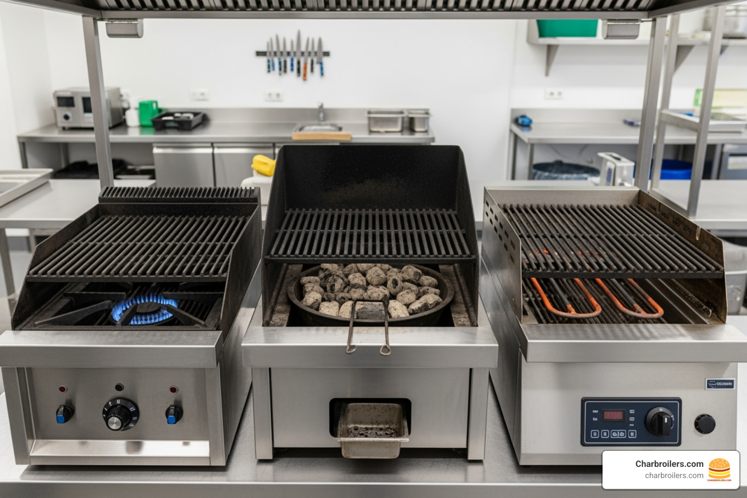 gas, charcoal, and electric grill side-by-side - gas char grills