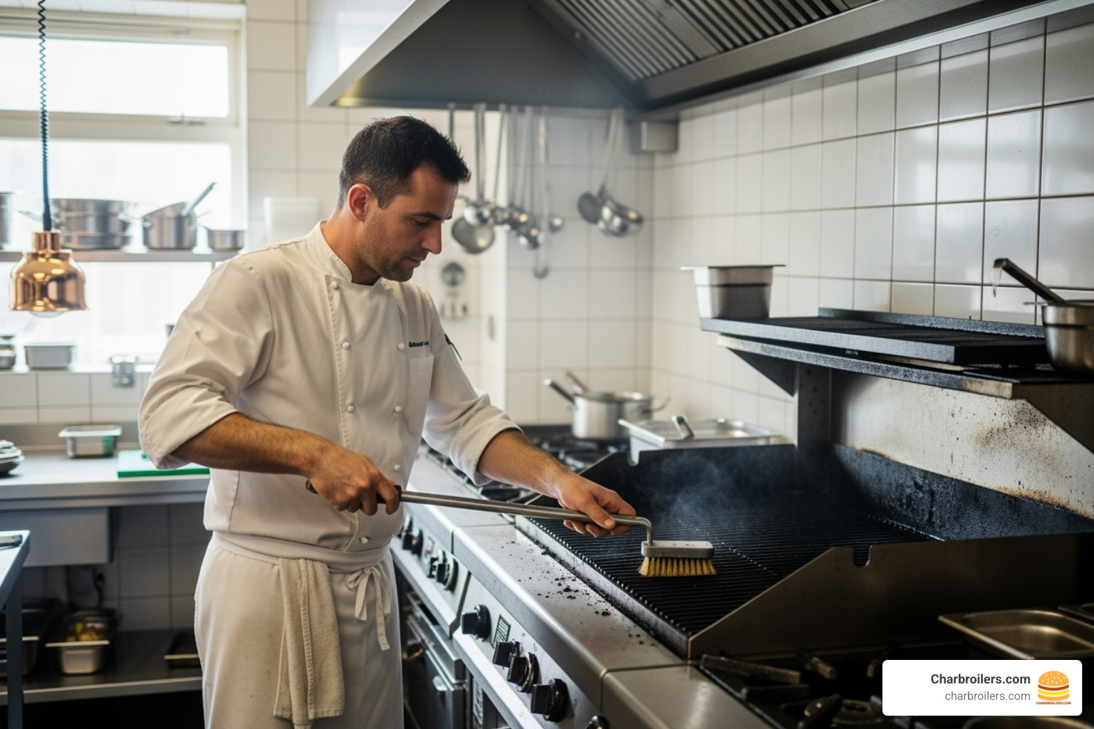 chef cleaning a stainless steel commercial grill - gas char grills
