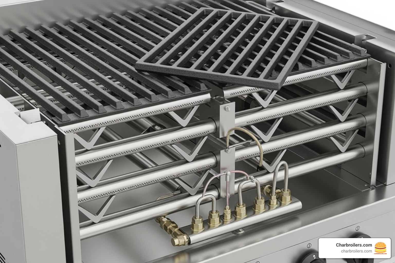 internal components of a gas charbroiler, highlighting burners and grates - gas char grills