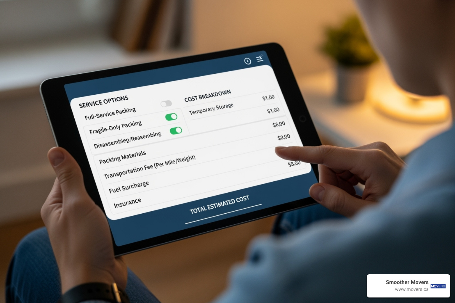 A person using a tablet to get an online moving quote, showing various service options and cost breakdowns - removalists sunshine coast