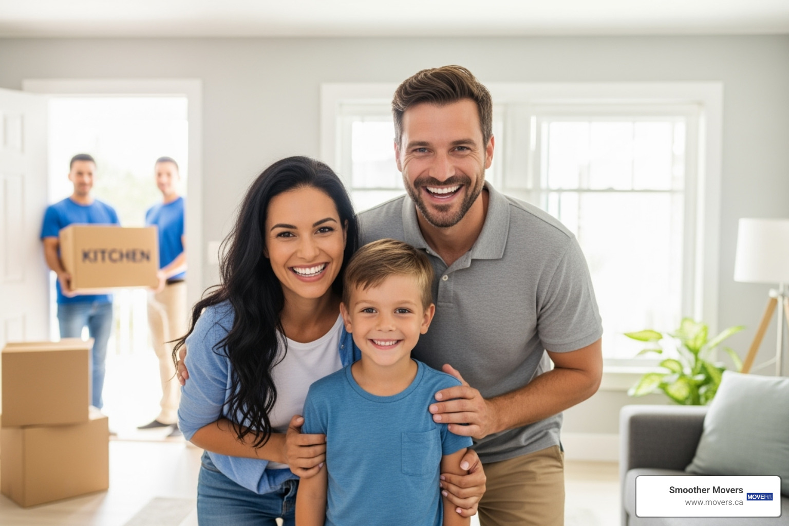 A happy family smiling in their new, brightly lit home, with two friendly movers in the background, symbolizing a successful and stress-free relocation - removalists sunshine coast