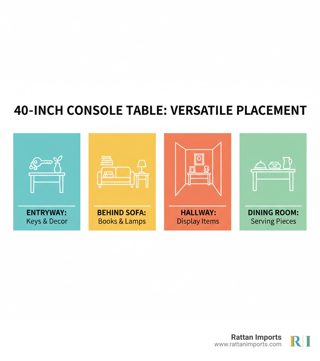 Infographic showing the best places to use a 40-inch console table: entryway for keys and decor, behind a sofa for books and lamps, hallway for display items, and dining room for serving pieces - 40 inch console table infographic Infographic showing the best places to use a 40-inch console table: entryway for keys and decor, behind a sofa for books and lamps, hallway for display items, and dining room for serving pieces - 40 inch console table infographic