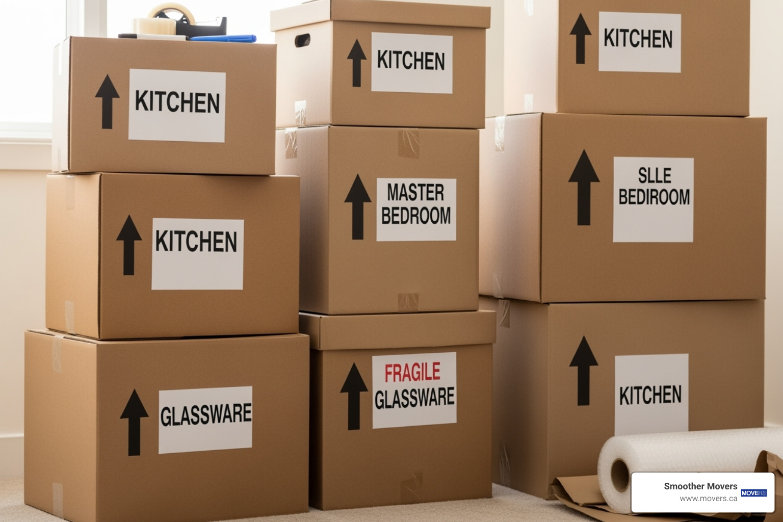 Neatly packed and labelled moving boxes stacked in a room, ready for transport - removalists sunshine coast