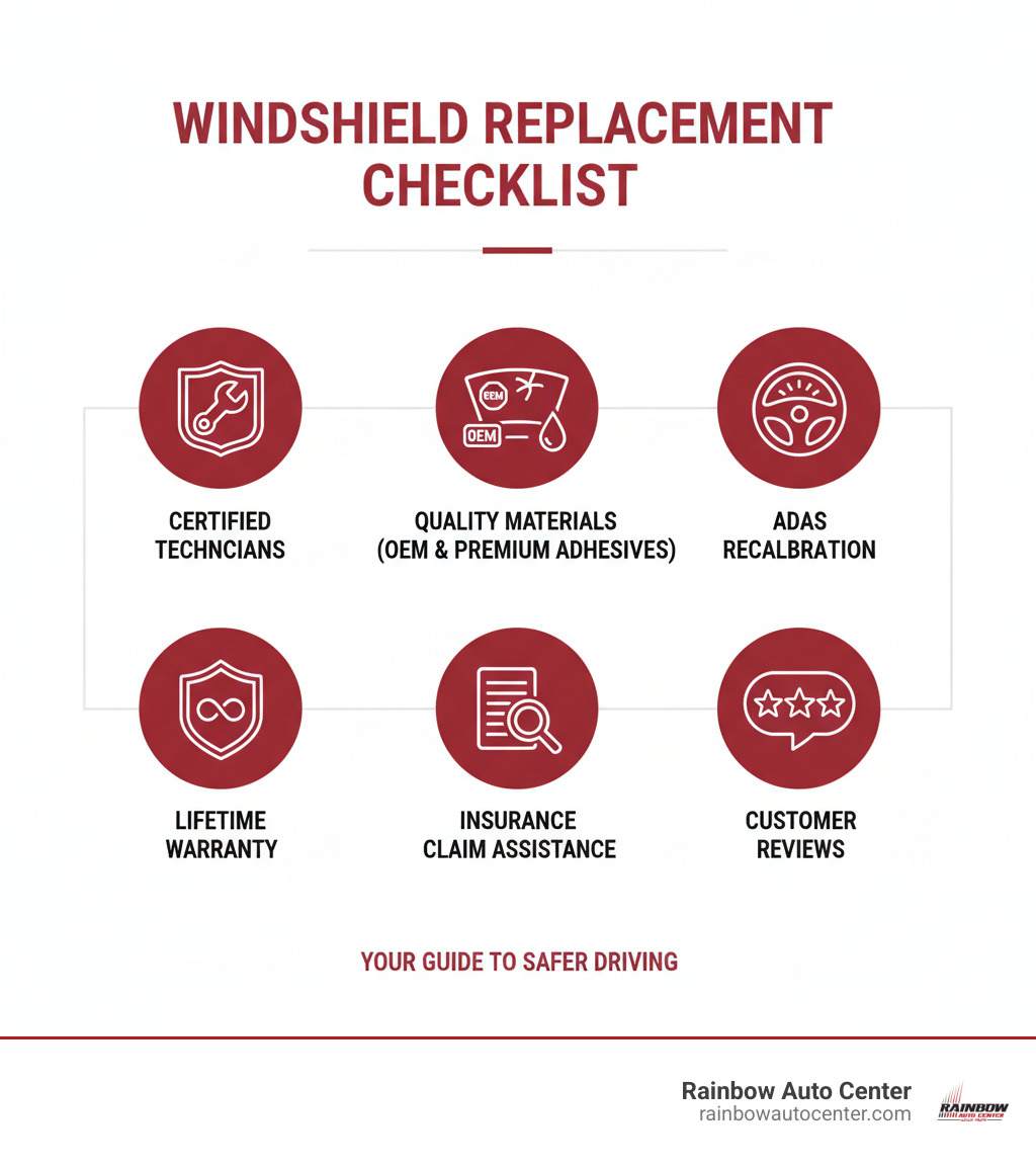 Comprehensive windshield replacement service checklist showing certified technicians, quality materials including OEM glass and premium adhesives, ADAS recalibration equipment, lifetime warranty coverage, insurance claim assistance paperwork, and customer review ratings for local auto glass shops - windshield change near me infographic 