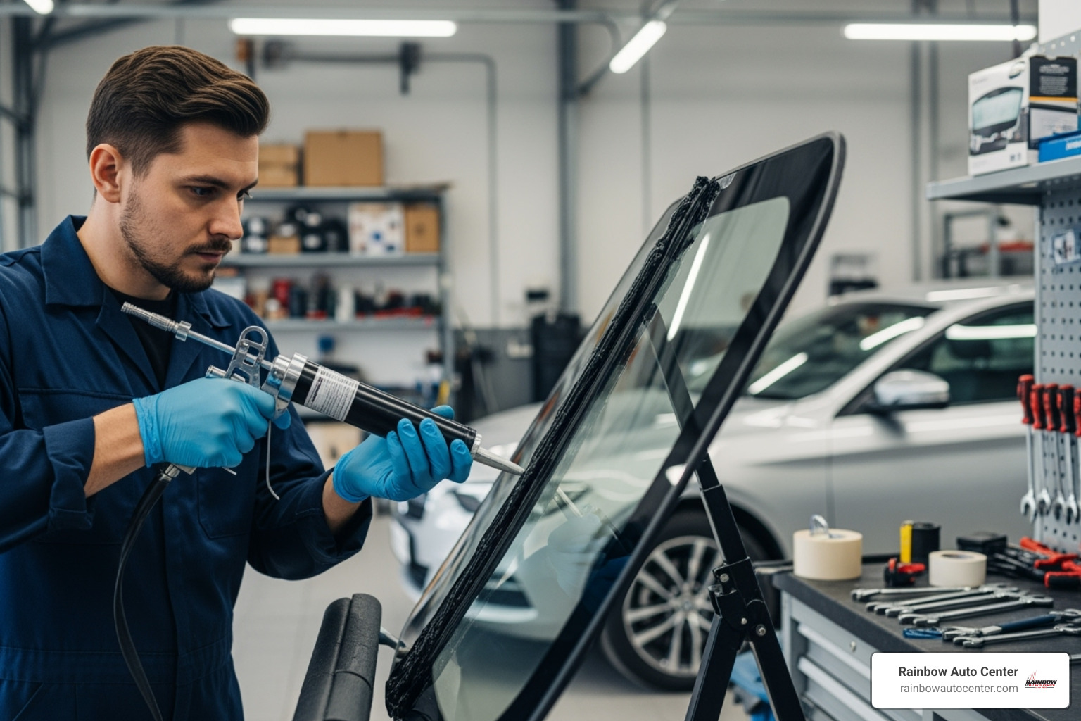 certified technician wearing gloves and carefully applying black urethane adhesive to a new windshield frame - windshield change near me