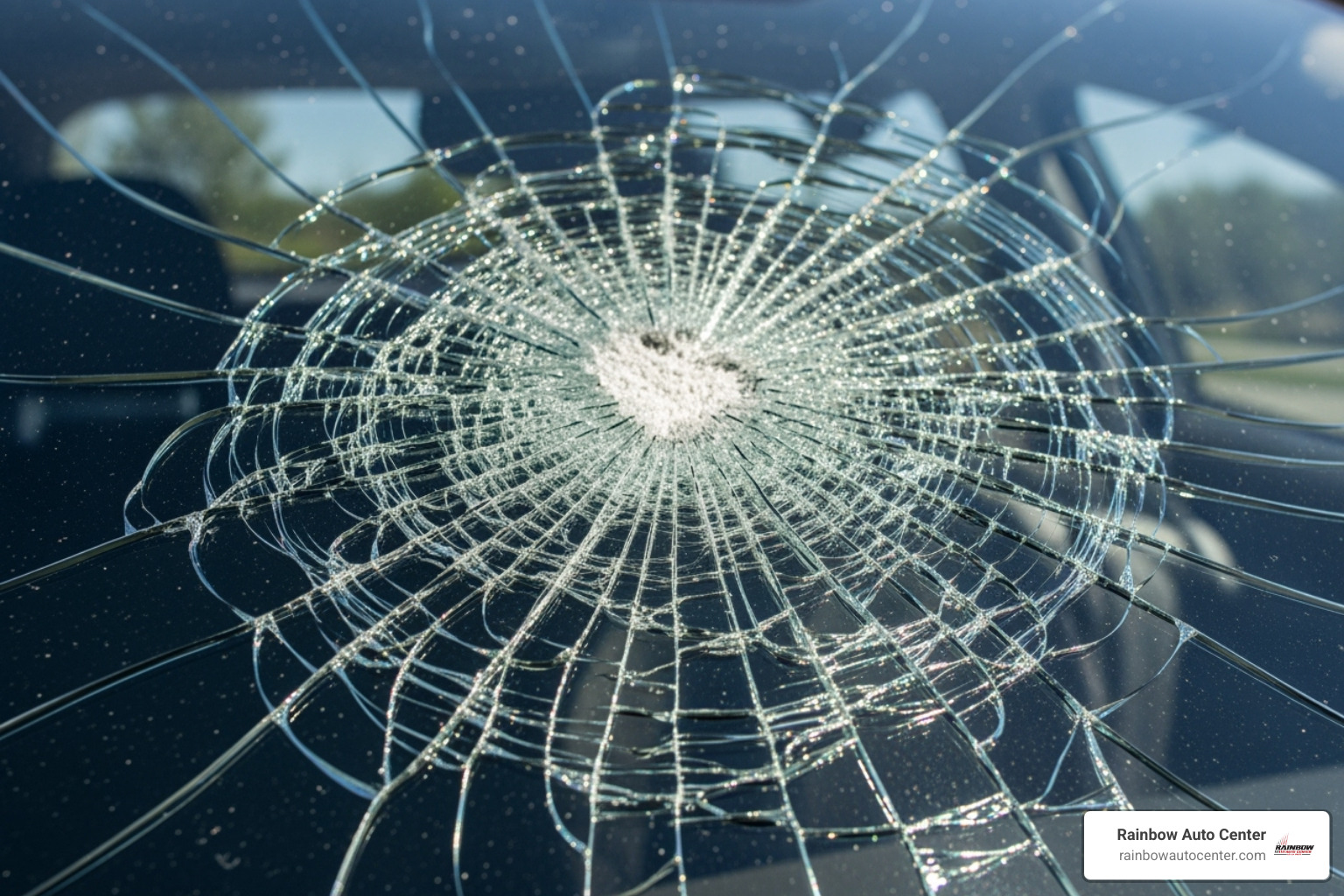 close-up view of a large, complex crack spreading across a windshield - windshield change near me