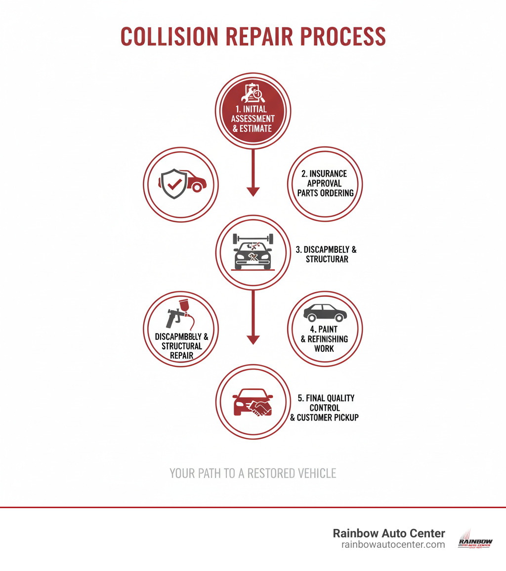 Infographic showing the 5 steps of collision repair process: Initial Assessment and Estimate, Insurance Approval and Parts Ordering, Disassembly and Structural Repair, Paint and Refinishing Work, Final Quality Control and Customer Pickup - bay area auto body infographic 