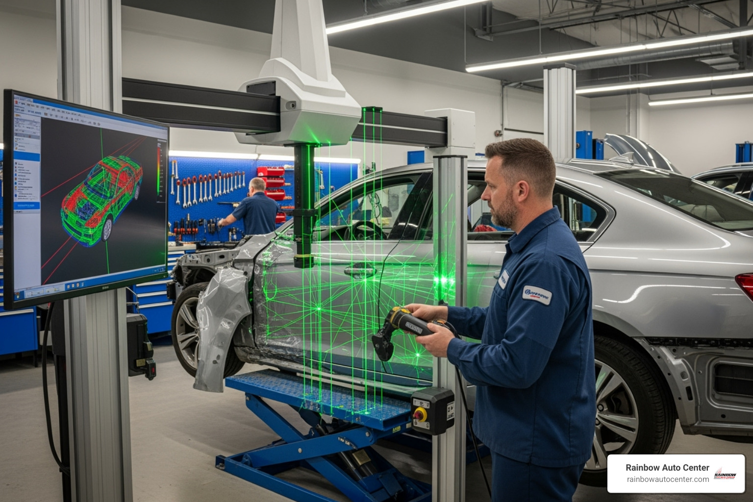 technician using a high-tech frame measuring tool - bay area auto body