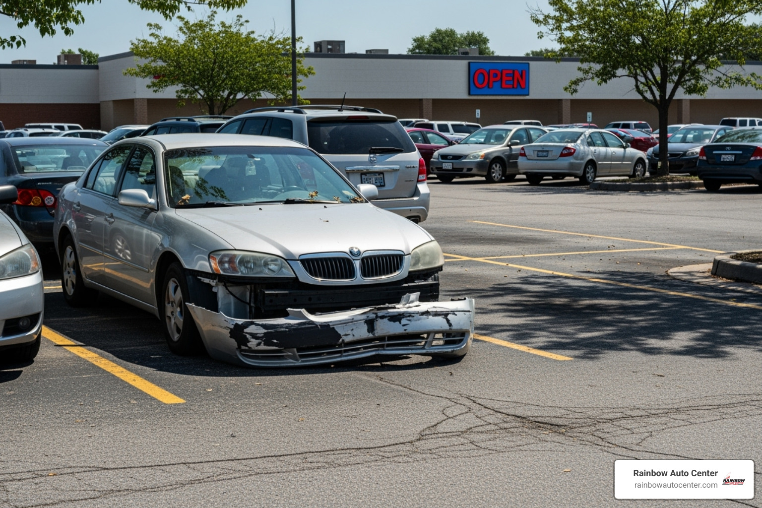car with a dented bumper in a parking lot - bay area auto body