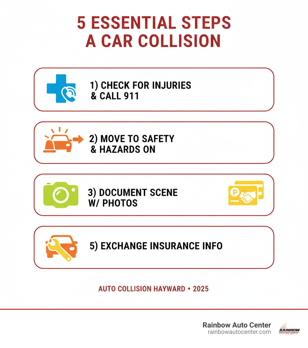 Detailed infographic showing 5 essential steps after a car collision: 1) Check for injuries and call 911 if needed, 2) Move to safety and turn on hazard lights, 3) Document the scene with photos, 4) Exchange insurance information, 5) Contact a trusted collision repair shop for assessment - auto collision hayward infographic 