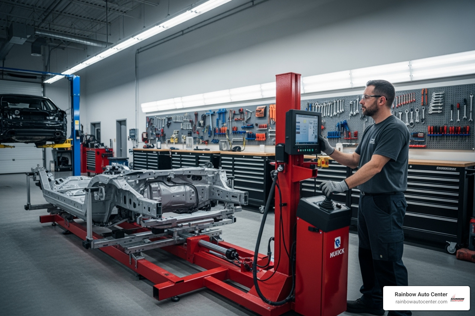 Technician using advanced frame straightening equipment on a car chassis in a clean auto body shop - auto collision hayward