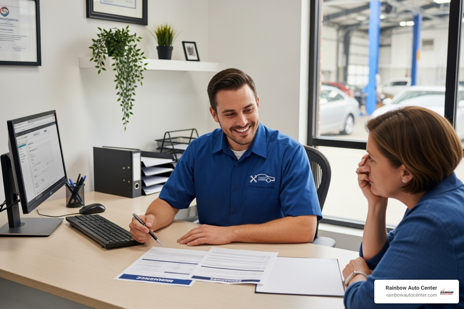 Friendly staff member assisting a customer with insurance paperwork at a collision repair center - auto collision hayward