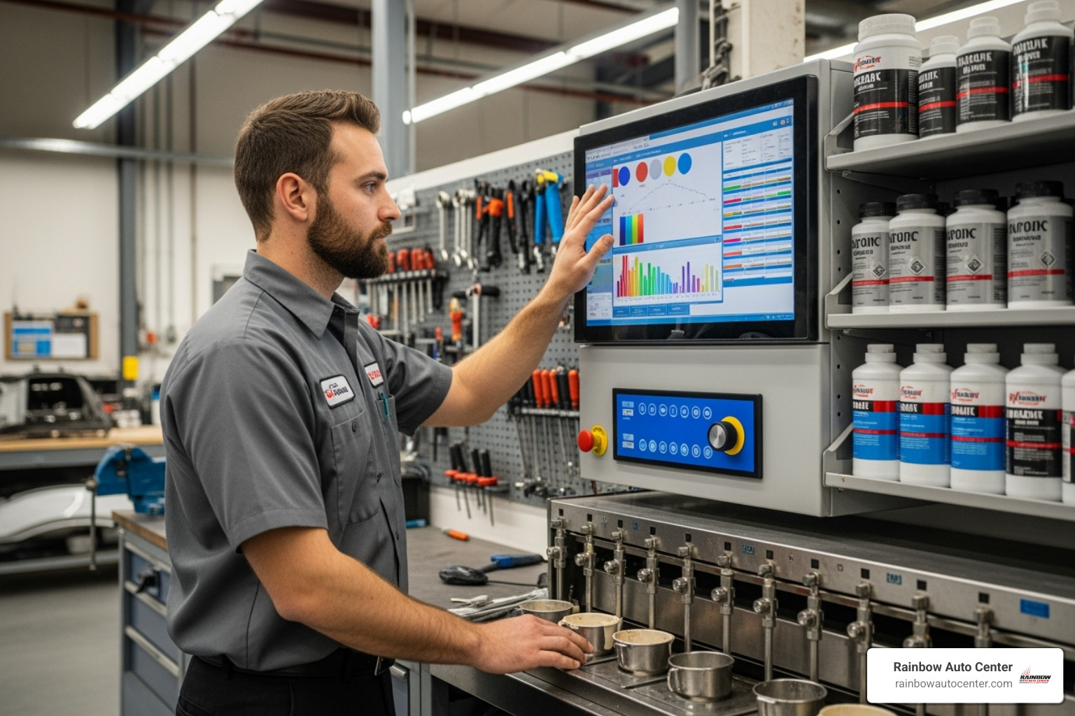 Technician carefully operating a computerized paint-mixing system to achieve perfect color match - auto collision hayward